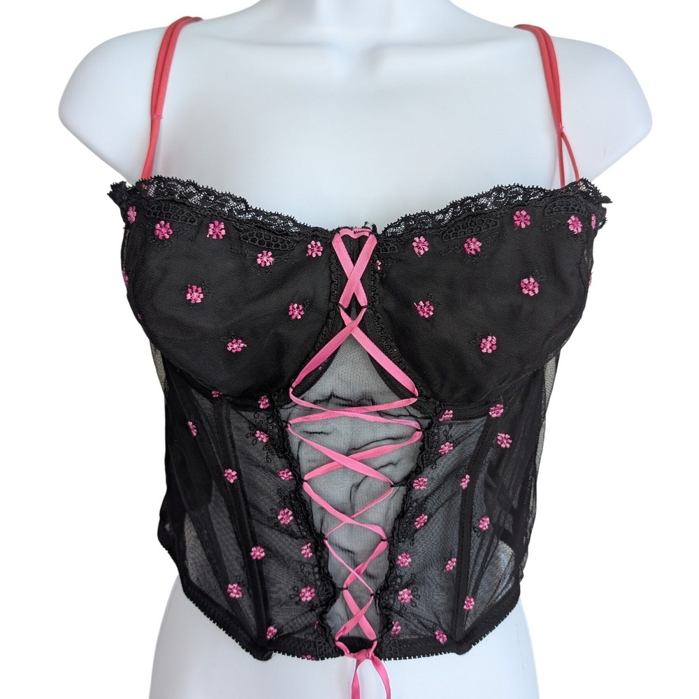 Vintage C Cup Black Mesh Pink Flower Coquette Ditsy Floral Adjustable Bustier